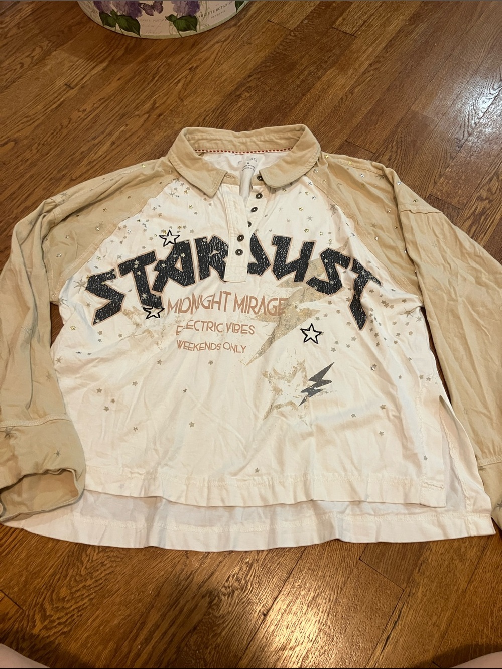 Pilcro Stardust Long-Sleeve Polo in Cream and Tan
